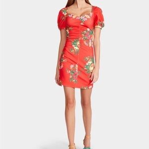 Betsey Johnson Womens Fire Flower Dress Milkmaid Floral Red Puff Sleeve Retro